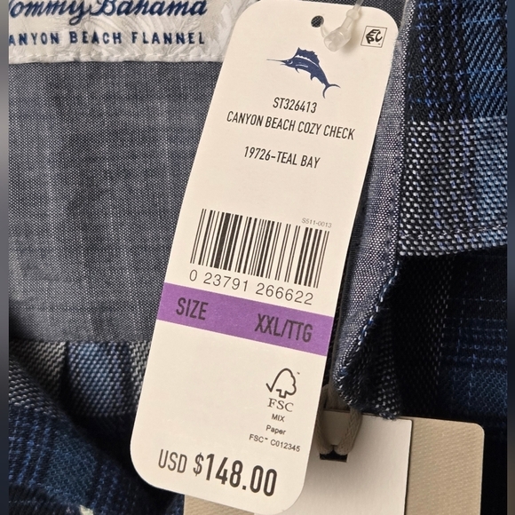 NWT TOMMY BAHAMA  Canyon Beach Flannel Cozy Check Men’s XXL Teal Bay Blue Color - Picture 11 of 16